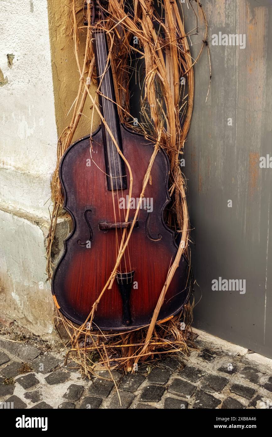 un violoncello ricoperto di viti secche appoggiate sull'edificio Foto Stock