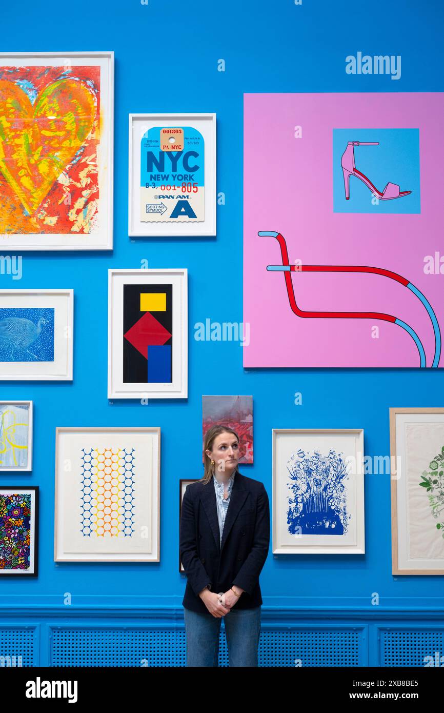Royal Academy, Londra, Regno Unito. 11 giugno 2024. SOLO NOTIZIE EDITORIALI - oltre 1200 opere d'arte sono in mostra quest'anno alla Mostra estiva. La mostra estiva presso l'RA di Londra, si svolge dal 18 giugno al 18 agosto 2024 ed è la più grande mostra di arte contemporanea aperta al mondo che si svolge ogni anno senza interruzioni dal 1769. Immagine: Parete di opere selezionate nella grande sala Weston, selezionata da Cornelia Parker CBE RA Foto Stock