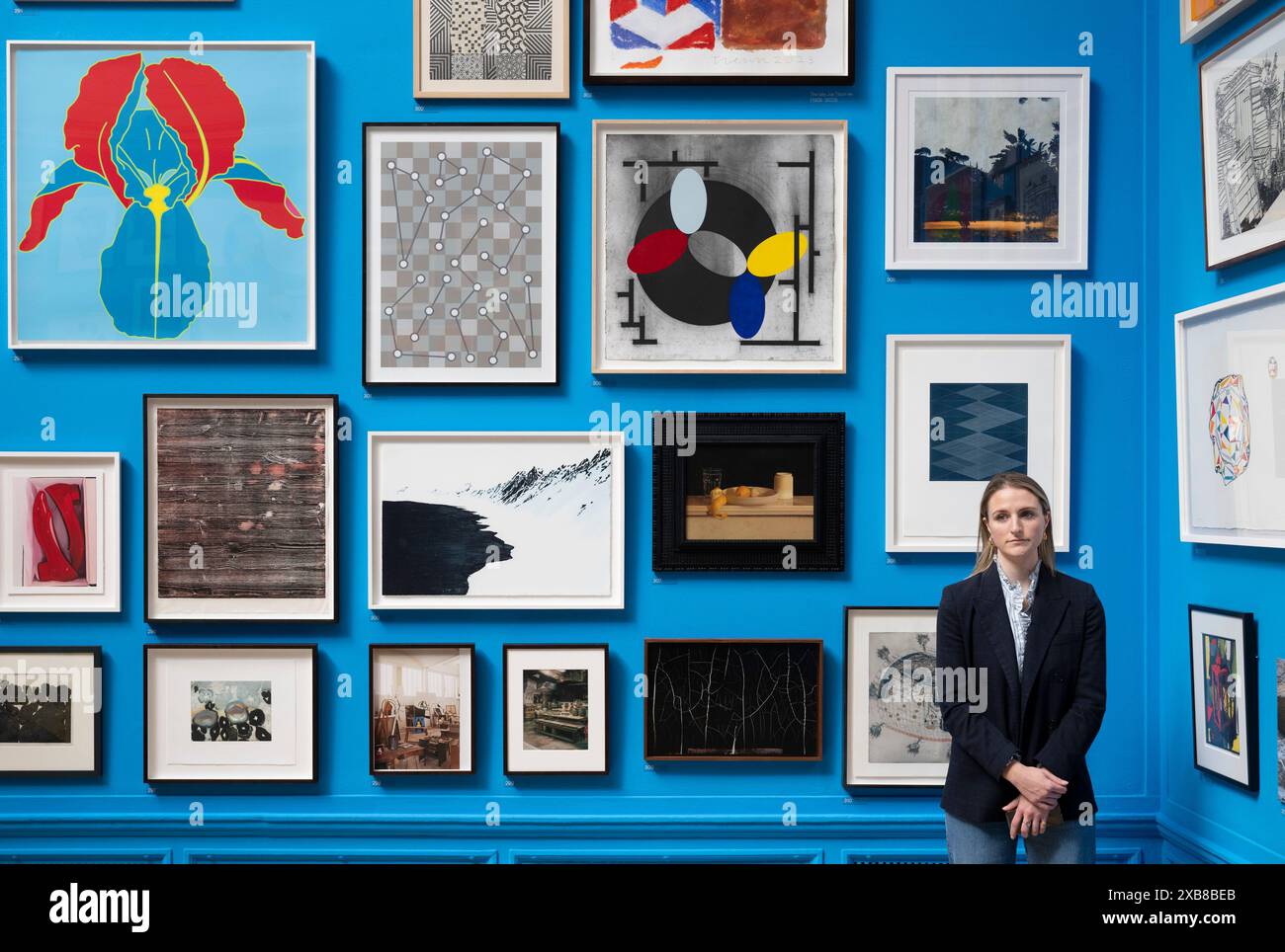 Royal Academy, Londra, Regno Unito. 11 giugno 2024. SOLO NOTIZIE EDITORIALI - oltre 1200 opere d'arte sono in mostra quest'anno alla Mostra estiva. La mostra estiva presso l'RA di Londra, si svolge dal 18 giugno al 18 agosto 2024 ed è la più grande mostra di arte contemporanea aperta al mondo che si svolge ogni anno senza interruzioni dal 1769. Immagine: Parete di opere selezionate nella grande sala Weston, selezionata da Cornelia Parker CBE RA Foto Stock