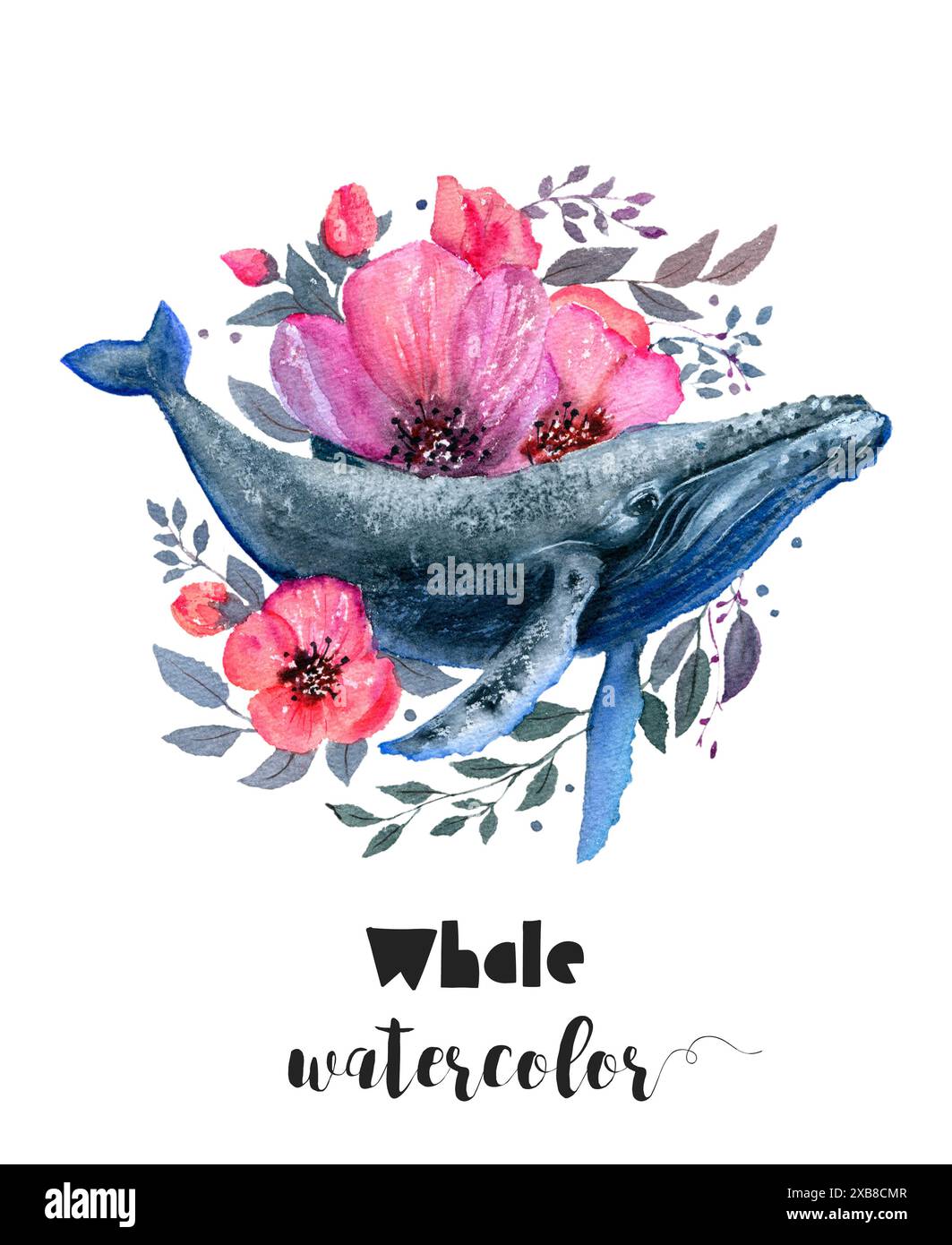 Una balena circondata da fiori rosa e foglie in un dipinto ad acquerello Foto Stock