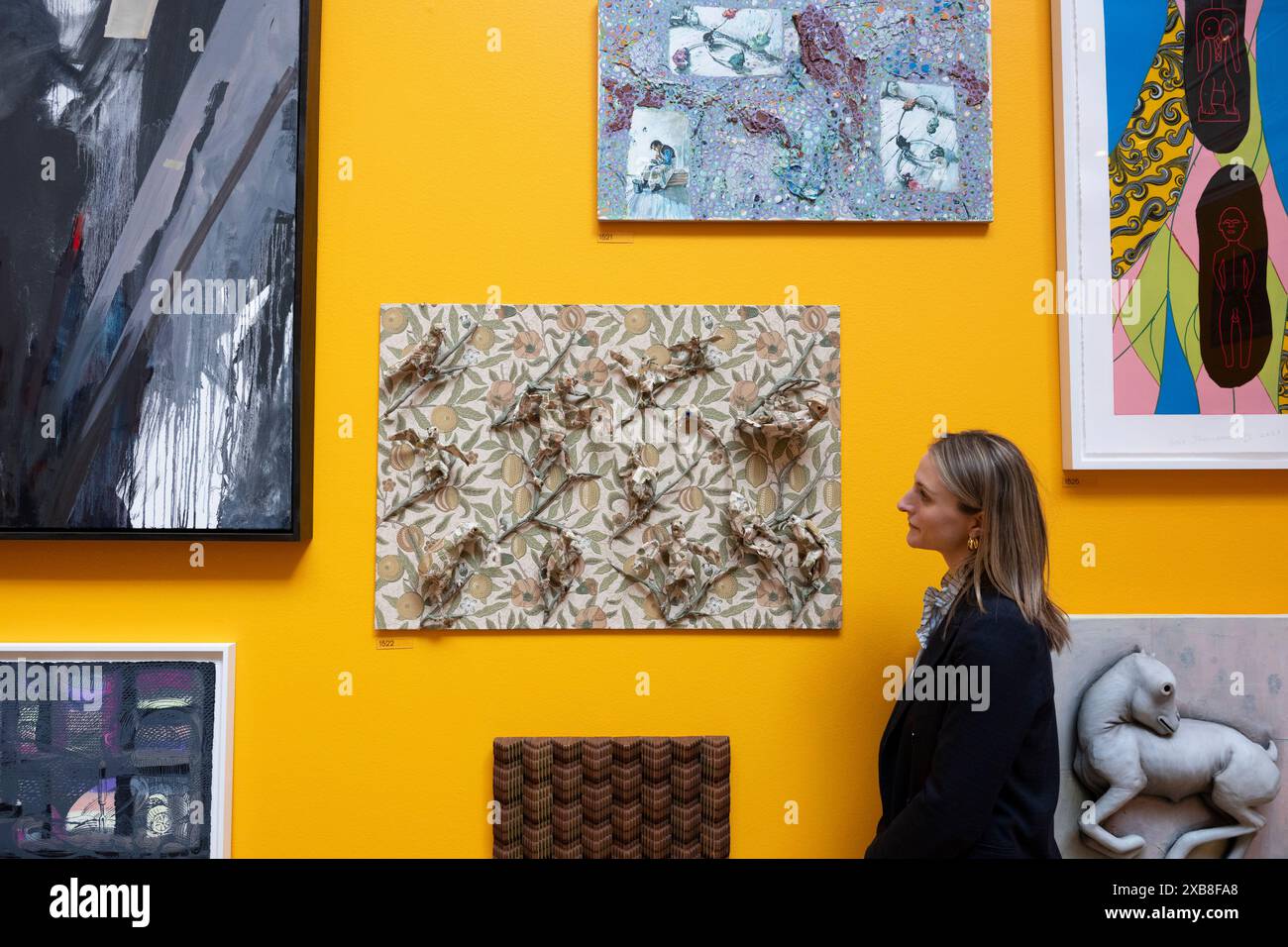 Royal Academy, Londra, Regno Unito. 11 giugno 2024. SOLO NOTIZIE EDITORIALI - oltre 1200 opere d'arte sono in mostra quest'anno alla Mostra estiva. La mostra estiva presso l'RA di Londra, si svolge dal 18 giugno al 18 agosto 2024 ed è la più grande mostra di arte contemporanea aperta al mondo che si svolge ogni anno senza interruzioni dal 1769. Immagine: Le pareti delle opere selezionate esposte alla mostra includono (centro) Birds of Morris di Dan Bateman. Foto Stock