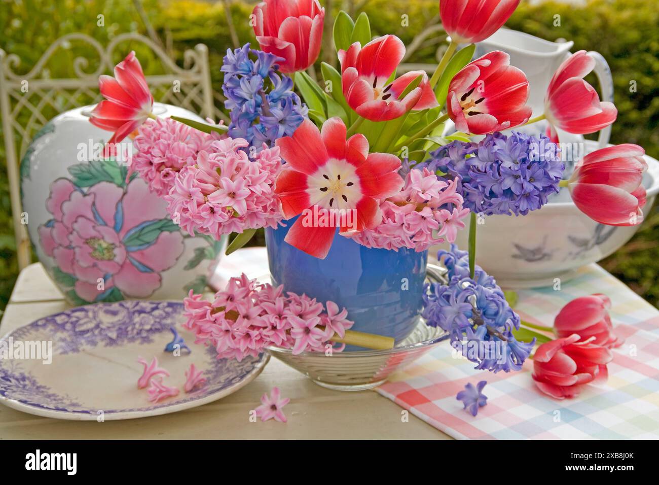 Botanica, tulipani e iacinto in un vaso di vetro blu su un tavolo con tessuto a scacchi, piastra porcellana, ULTERIORI DIRITTI-CLEARANCE-INFO-NON-DISPONIBILI Foto Stock