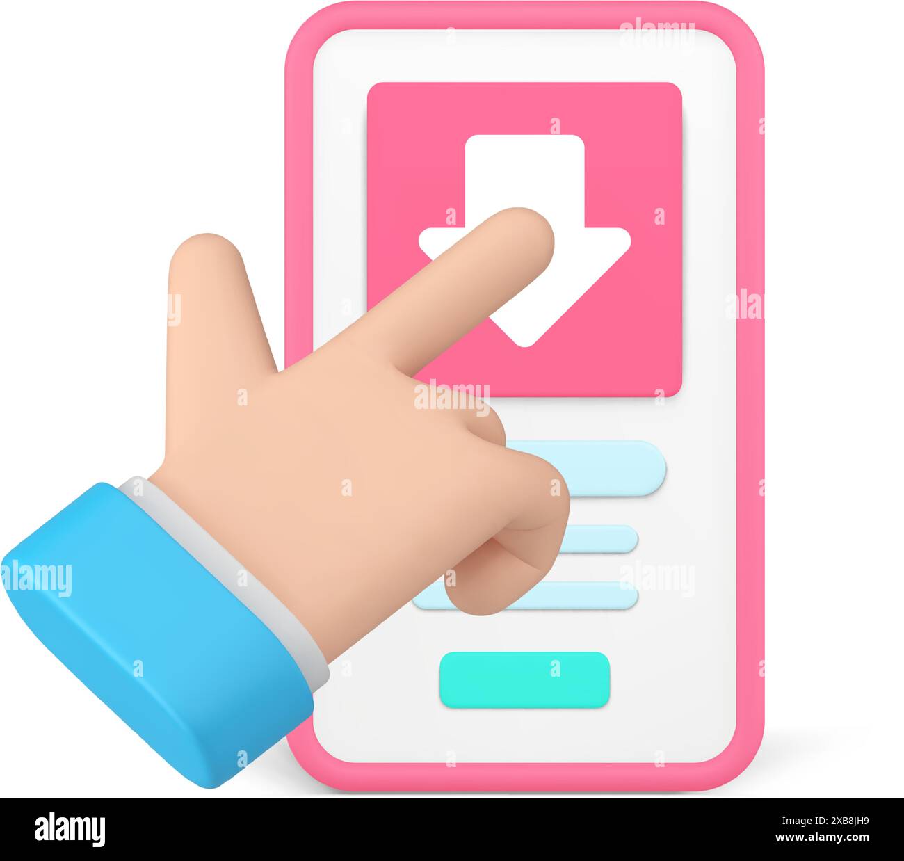 Download dei dati delle applicazioni per smartphone cloud computing condivisione file sistema di trasferimento icona 3d realistica illustrazione vettoriale. Mano umana che tocca ph mobile Illustrazione Vettoriale