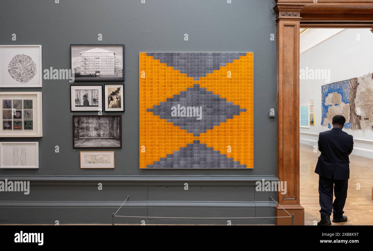 Royal Academy, Londra, Regno Unito. 11 giugno 2024. Quest'anno sono in mostra oltre 1200 opere d'arte, tra cui una straordinaria scultura tessile monumentale nel cortile Annenberg di Nicola Turner, che interagisce con la statua del presidente fondatore della RA, Sir Joshua Reynolds. La mostra estiva presso l'RA di Londra, si svolge dal 18 giugno al 18 agosto 2024 ed è la più grande mostra di arte contemporanea aperta al mondo che si svolge ogni anno senza interruzioni dal 1769. Immagine: Parete delle opere selezionate include il riflettore n. 864 L di Rana Begum RA (destra). Credito: Mal Foto Stock