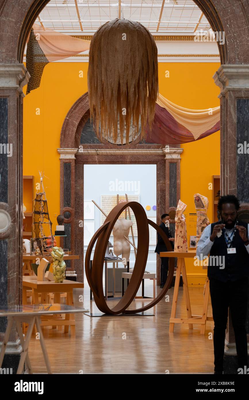 Royal Academy, Londra, Regno Unito. 11 giugno 2024. Quest'anno sono in mostra oltre 1200 opere d'arte, tra cui una straordinaria scultura tessile monumentale nel cortile Annenberg di Nicola Turner, che interagisce con la statua del presidente fondatore della RA, Sir Joshua Reynolds. La mostra estiva presso l'RA di Londra, si svolge dal 18 giugno al 18 agosto 2024 ed è la più grande mostra di arte contemporanea aperta al mondo che si svolge ogni anno senza interruzioni dal 1769. Immagine: Pareti di opere selezionate appese alla mostra Foto Stock