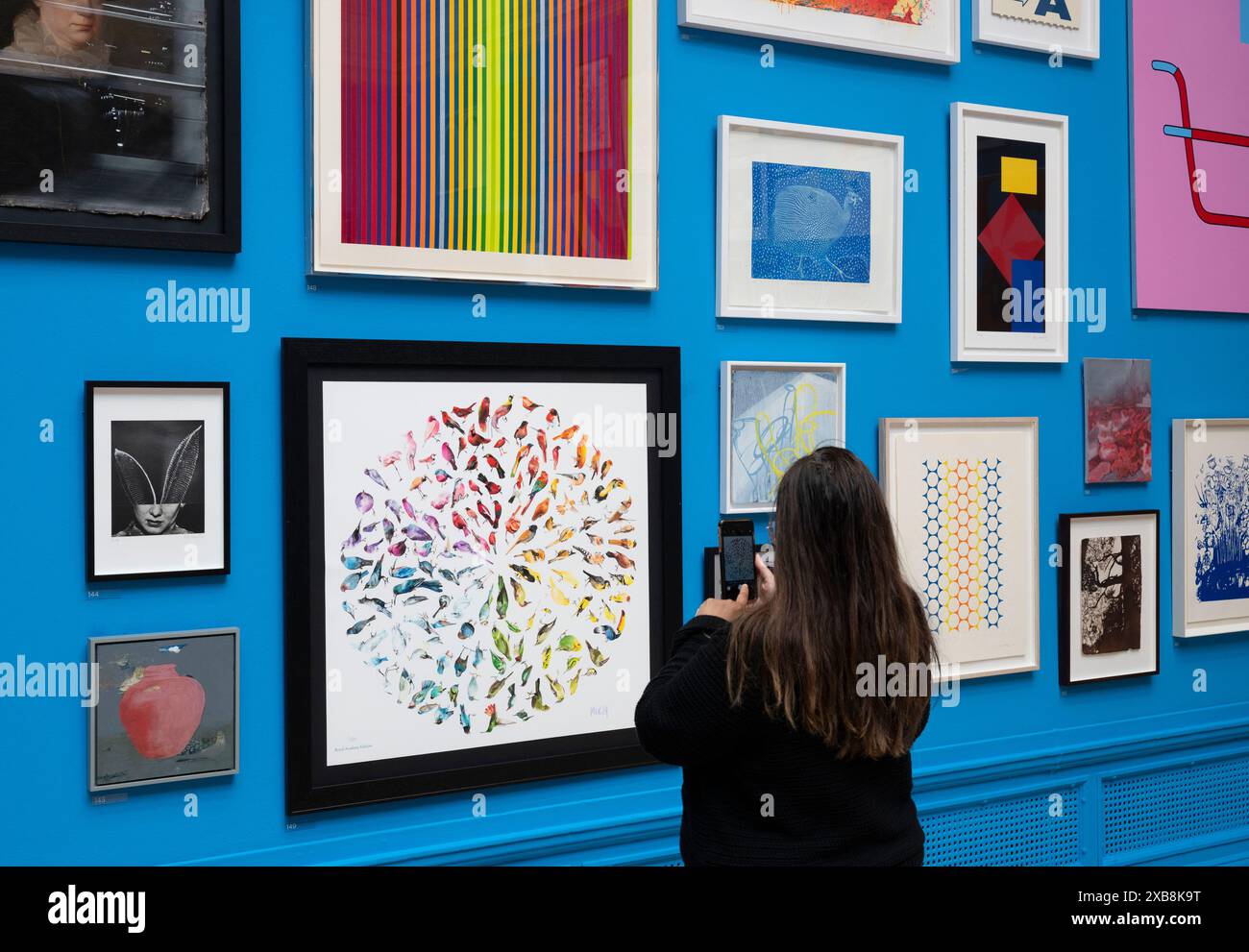 Royal Academy, Londra, Regno Unito. 11 giugno 2024. SOLO NOTIZIE EDITORIALI - quest'anno sono in mostra oltre 1200 opere d'arte nella mostra estiva, tra cui una straordinaria scultura tessile monumentale nel cortile Annenberg di Nicola Turner, che interagisce con la statua del presidente fondatore della RA, Sir Joshua Reynolds. La mostra estiva presso l'RA di Londra, si svolge dal 18 giugno al 18 agosto 2024 ed è la più grande mostra di arte contemporanea aperta al mondo che si svolge ogni anno senza interruzioni dal 1769. Foto Stock