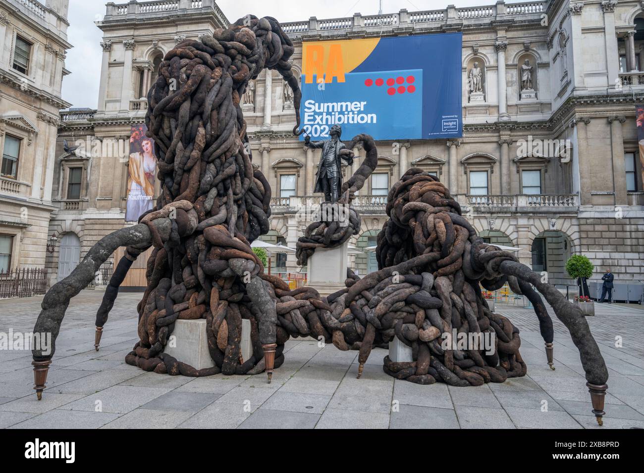Royal Academy, Londra, Regno Unito. 11 giugno 2024. SOLO NOTIZIE EDITORIALI - quest'anno sono in mostra oltre 1200 opere d'arte nella Mostra estiva, tra cui una straordinaria scultura tessile monumentale nel cortile Annenberg (foto) di Nicola Turner, che interagisce con la statua del presidente fondatore della RA, Sir Joshua Reynolds. La Summer Exhibition presso la RA di Londra, si svolge dal 18 giugno al 18 agosto 2024 ed è la più grande mostra d'arte contemporanea aperta al mondo che si svolge ogni anno senza interruzioni dal 1769. Crediti: Malcolm Park/Alamy Live News Foto Stock
