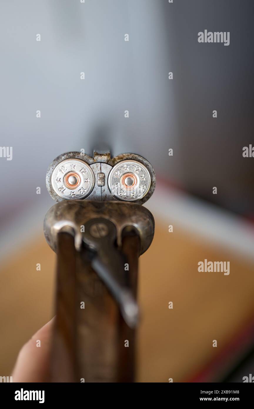 Dettaglio della camera di un fucile parallelo aperto calibro 12 su un tavolo di legno. E' carico Foto Stock