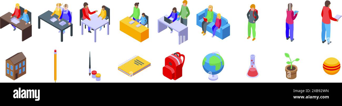 Set di icone per l'insegnamento dei genitori a casa. Diversi gruppi di genitori e insegnanti impegnati in attività educative, promuovendo un ambiente di apprendimento positivo Illustrazione Vettoriale