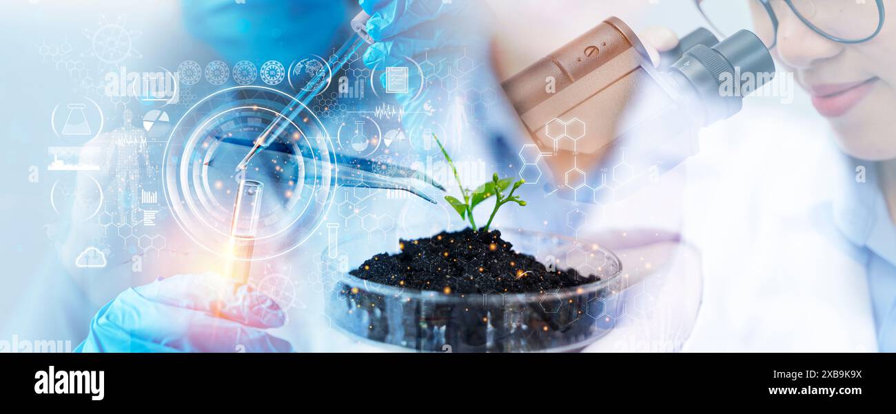 Gli scienziati stanno sperimentando la ricerca genetica e la scienza delle biotecnologie la biologia umana e la tecnologia farmaceutica in laboratorio. Scienc. Medica Foto Stock