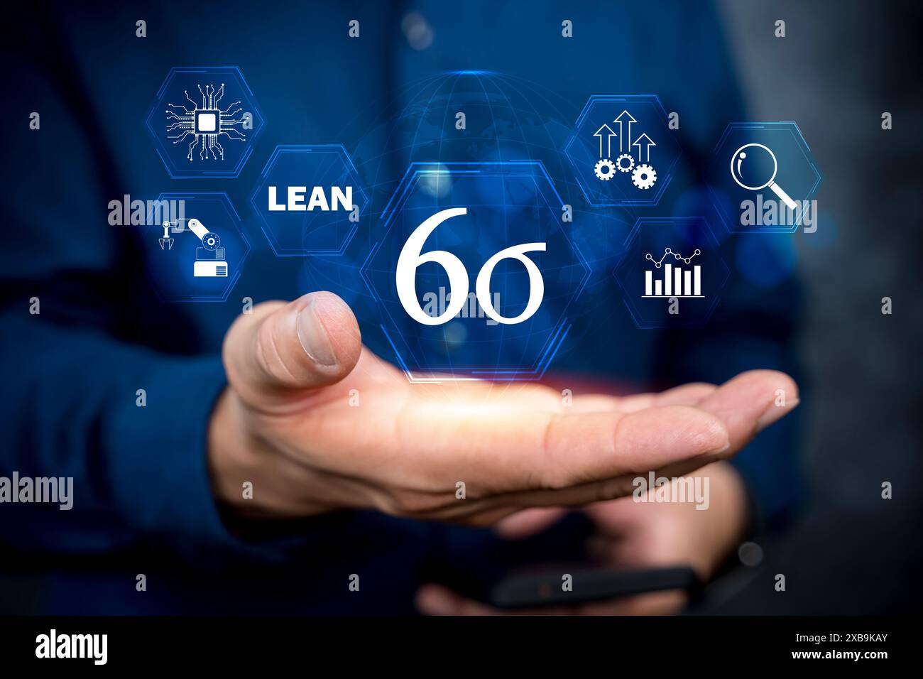 Six Sigma, produzione snella, controllo qualità e miglioramento dei processi industriali. Uomo d'affari che tocca il pulsante Lean Six sigma per migliorare la produzione Foto Stock