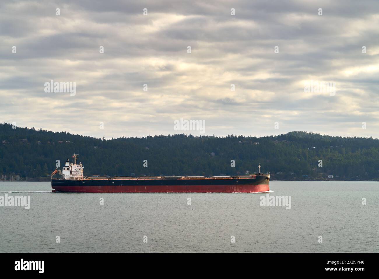 Cargo cargo nelle Isole del Golfo BC. Un cargo internazionale che viaggia attraverso le isole Gulf tra Vancouver e Victoria. Foto Stock