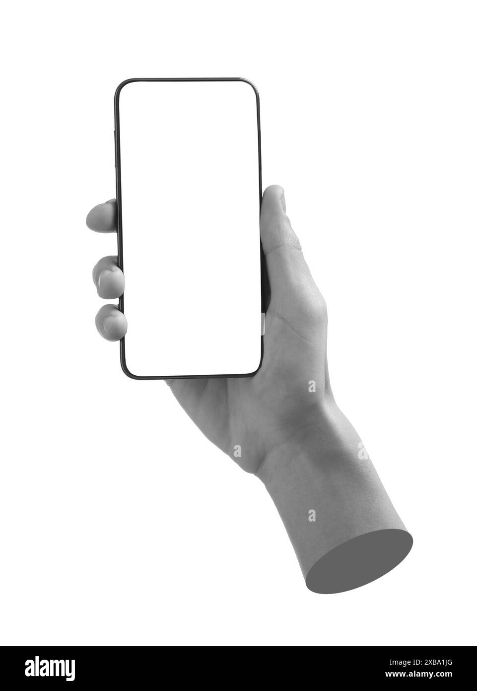 Mano di un uomo che tiene il cellulare con lo schermo vuoto isolato in bianco. Effetto bianco e nero Foto Stock