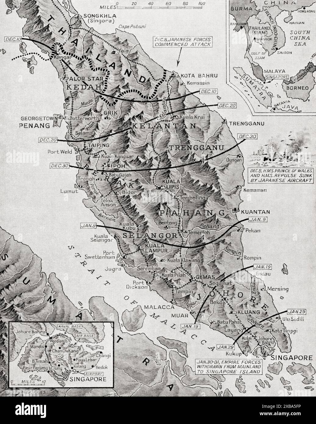 Ritirati a Singapore. Mappa che mostra le tappe dell'avanzata giapponese, con inserti della Malesia in relazione al territorio circostante e all'isola di Singapore, 30-31 gennaio 1942. Dal terzo anno di War in Pictures Foto Stock