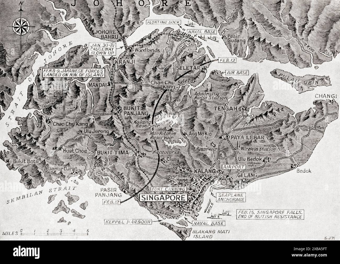 Mappa che mostra i dettagli della caduta di Singapore, 15 febbraio 1942. Dal terzo anno di War in Pictures Foto Stock