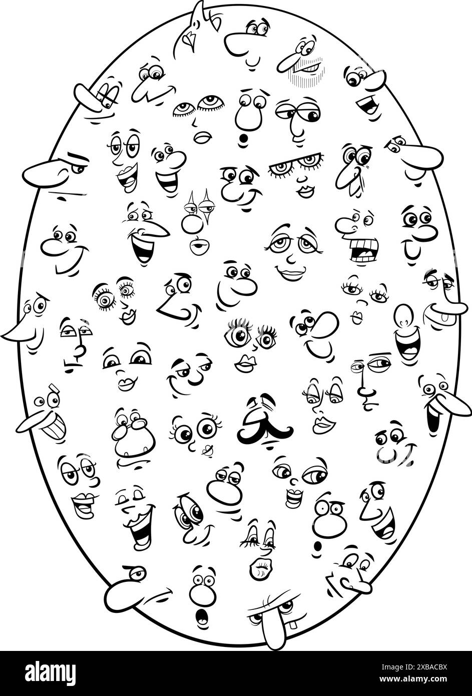 Illustrazione in bianco e nero di divertenti volti ed espressioni di fumetti concept design Illustrazione Vettoriale