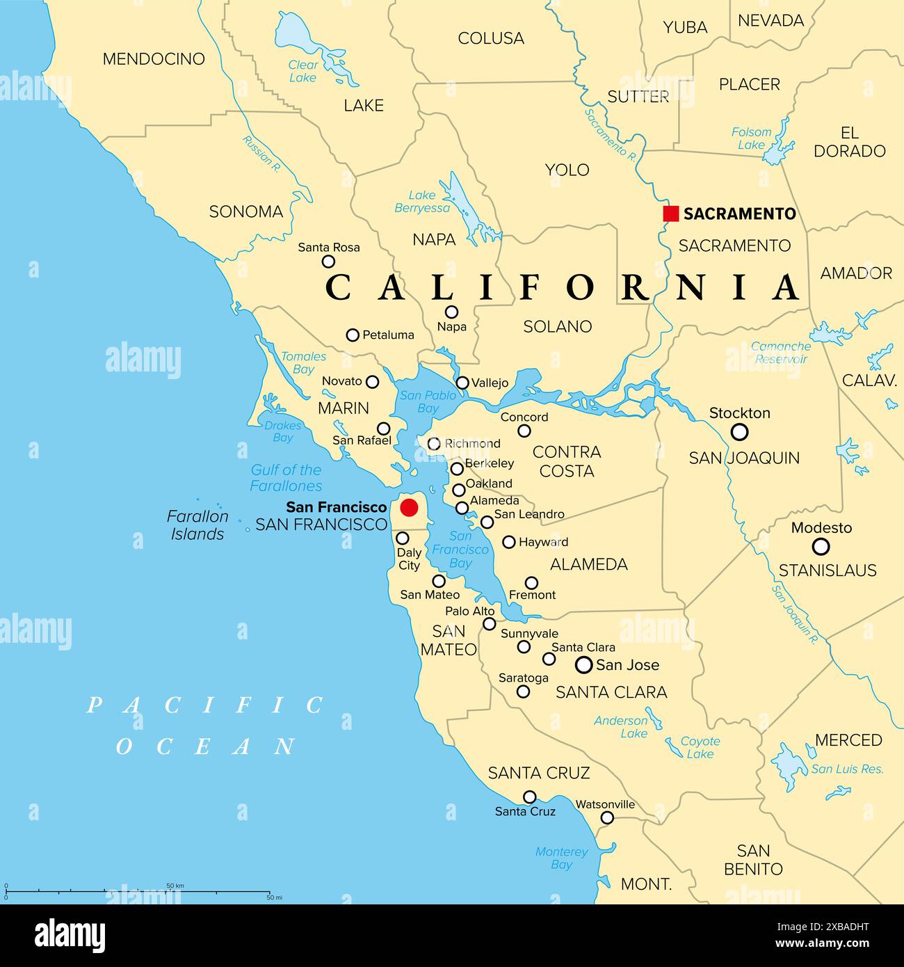 San Francisco Bay Area Una Regione Dello Stato Statunitense Della San Francisco Bay Area Una Regione Dello Stato Statunitense Della California Mappa Politica Con Contee E Citta Piu Grandi 2xbadht 