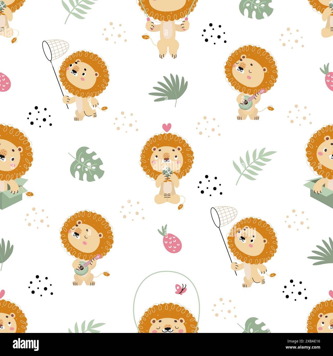 Motivo leone senza cuciture. Stampa decorativa per tessuto o involucro, design in tessuto infantile. I simpatici leoni suonano musica, saltano la corda, vettoriale di neve Illustrazione Vettoriale