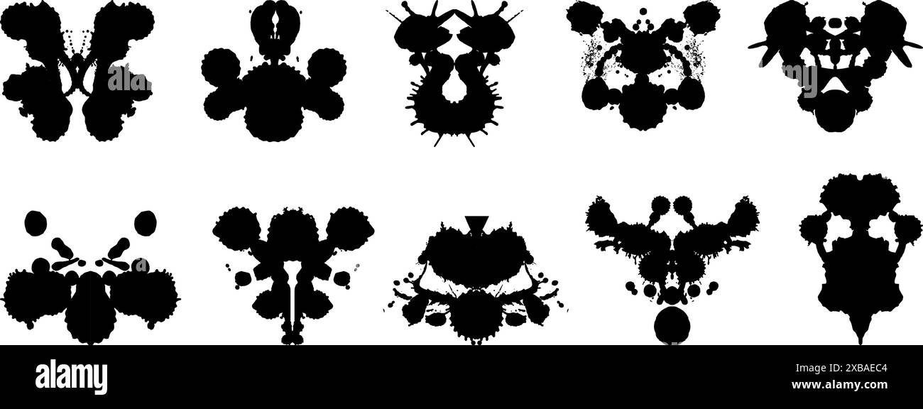 Rorschach blot. Strumenti di test psicologia e psichiatria, salute mentale e diagnostica delle malattie. Pittura di lobi in forme diverse, set di vettori neoterici Illustrazione Vettoriale