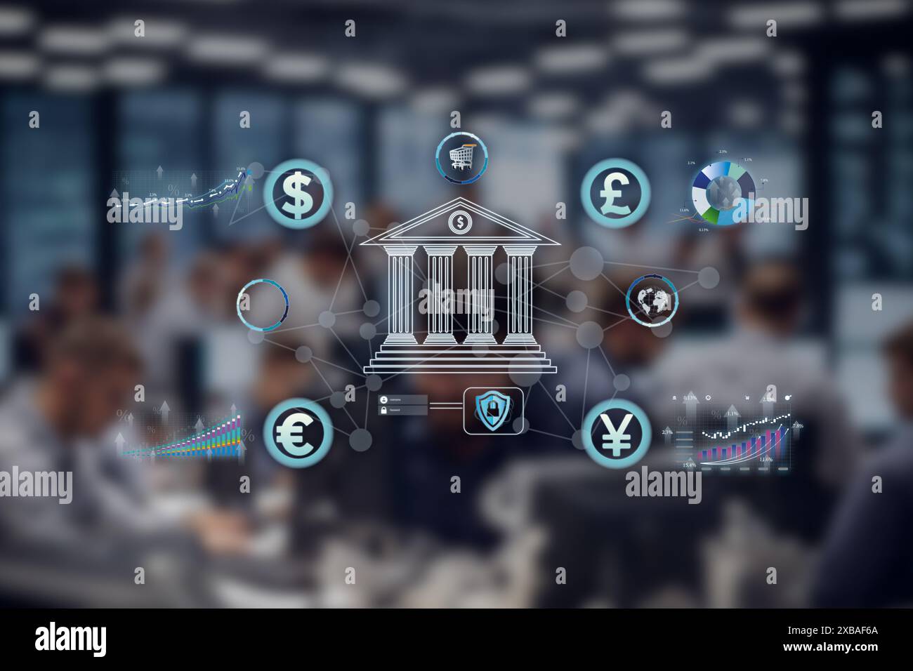 le icone bancarie e finanziarie mostrano grafici di acquisto e vendita di valute internazionali Foto Stock
