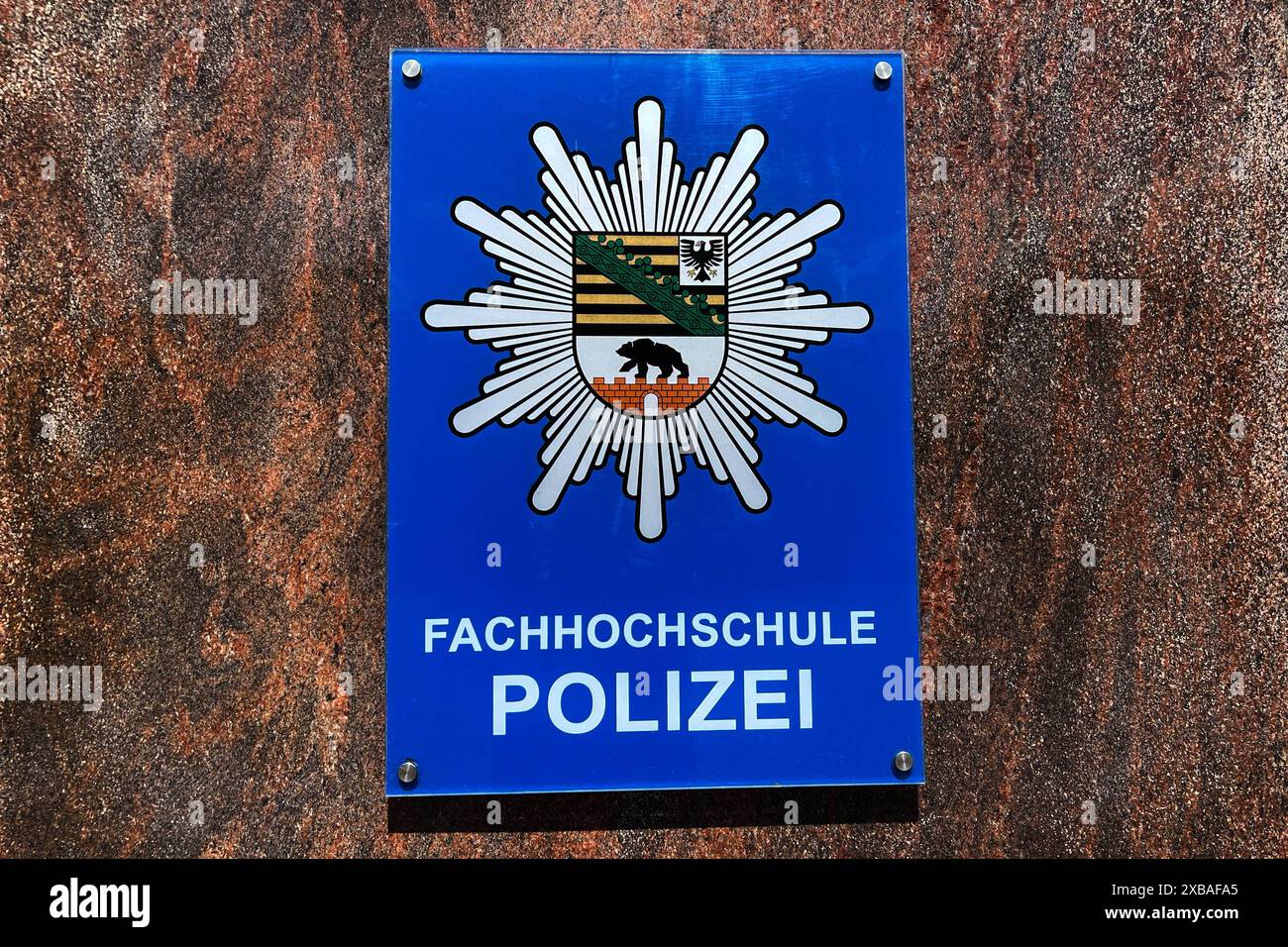 Hinweisschild am Eingang zur Fachhochschule der Polizei ad Aschersleben. Tag der offenen Tür am 08.06.2024 an der Fachhochschule der Polizei ad Aschersleben Sachsen-Anhalt. Interessierte Besucher bekommen einen Blick hinter die Kulissen des Polizeialltags. MIT Unterstützung der gesammten Kolleginnen und Kollegen der Landespolizei Sachsen- Anhalt gibt es umfangreiche Ausstellungsangebote und verschiedenen Vorführungen. Es gibt eine Straße der Einsatzgebiete, welche z.B. Wasserwerfer, Sonderwagen, Gerätewagen, Taucherkraftwagen sowie ein Polizeiboot und einen Stand der Wasserschutzpolizei präsen Foto Stock