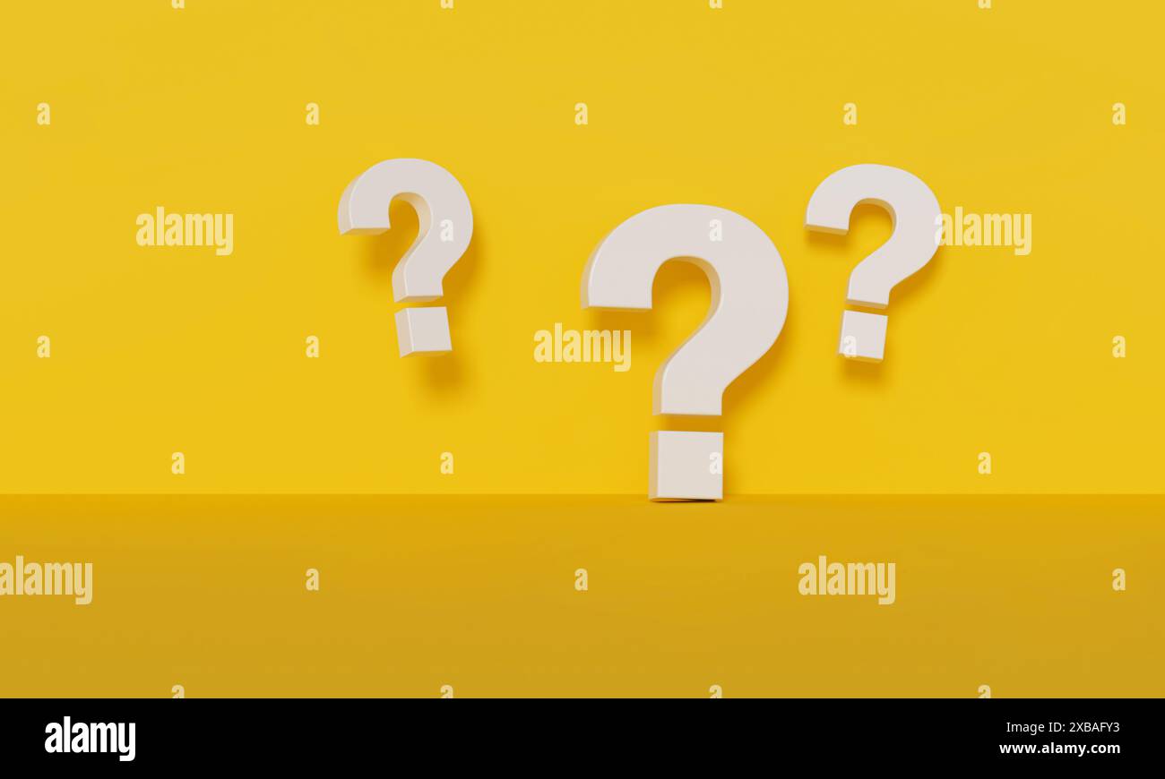 Immagine minimalista con tre punti interrogativi bianchi su uno sfondo giallo vibrante, a simboleggiare l'inquietudine, la curiosità e l'incertezza. Foto Stock
