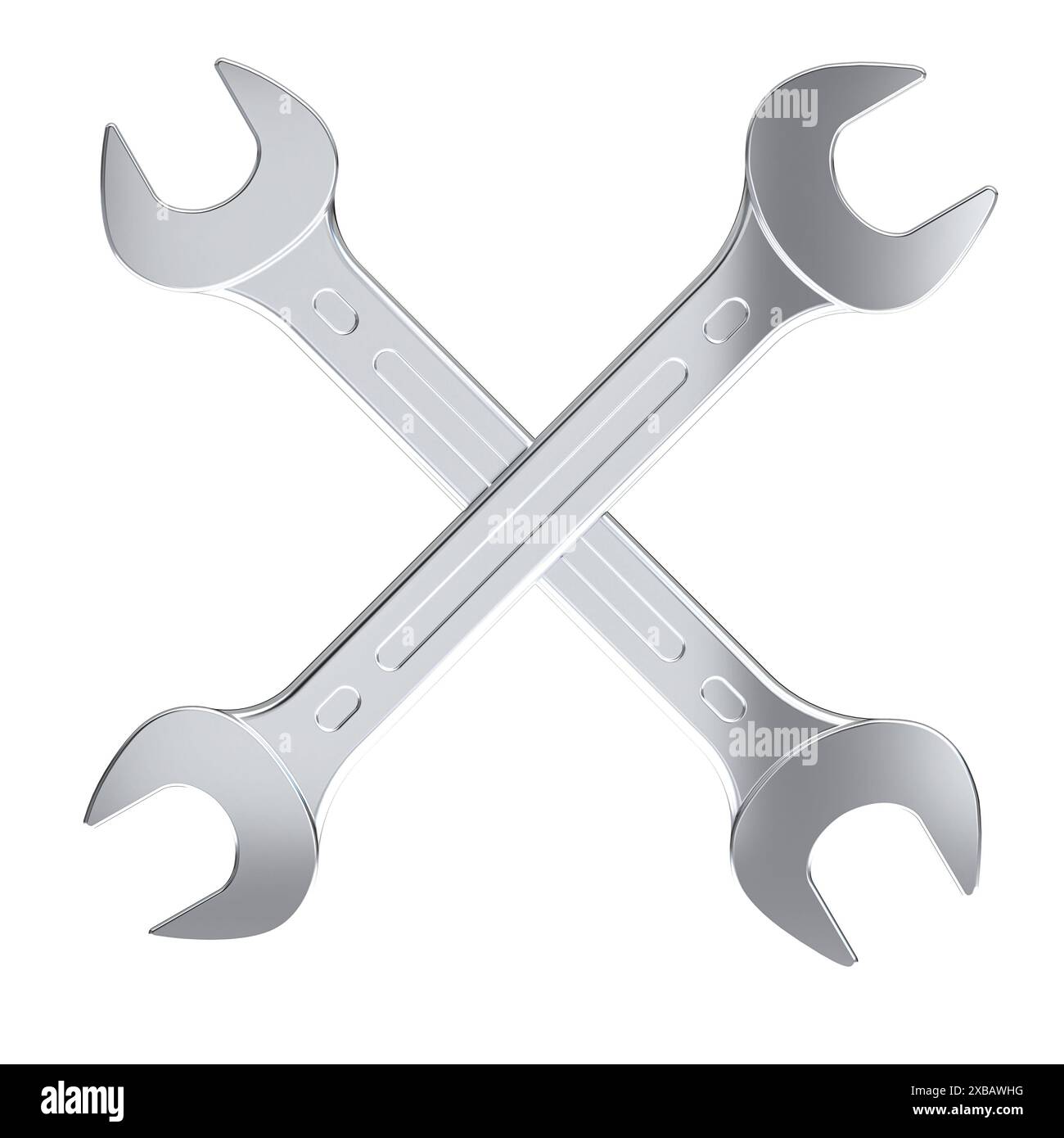 Due chiavi metalliche lucide sovrapposte a forma di x, sfondo isolato Foto Stock