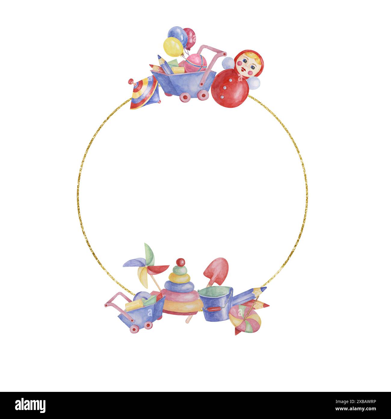 Giocattoli modello con cornice rotonda, bambola con ruota dentata, codolo, palloncini, carrello blu e matite. Acquerello, oggetti da gioco per compleanno, rivelazione di genere, battesimo, schede di annuncio della nascita, invito alla data di gioco Foto Stock