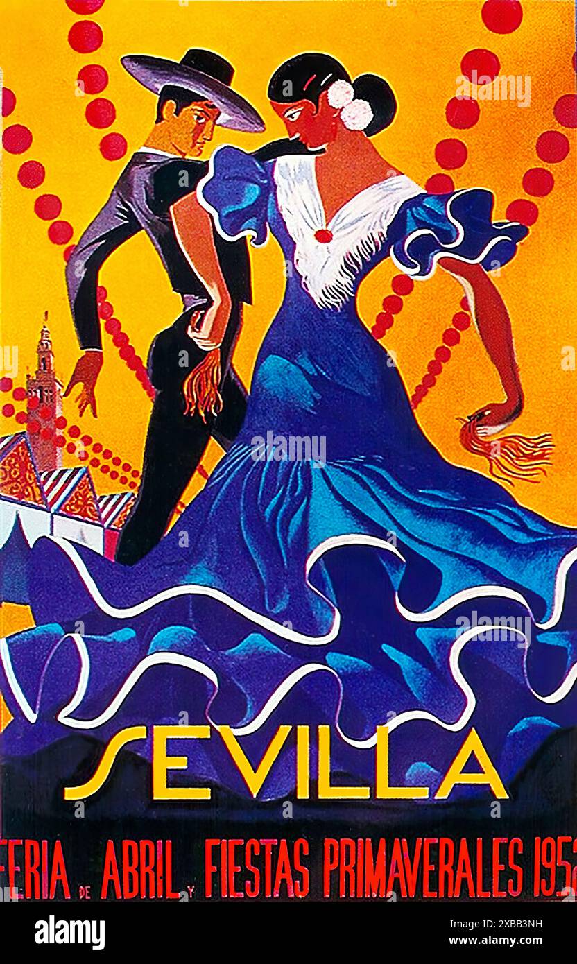 Siviglia, Feria de Abril 1952. - Poster spagnolo d'epoca; artista sconosciuto - solo per uso editoriale Foto Stock