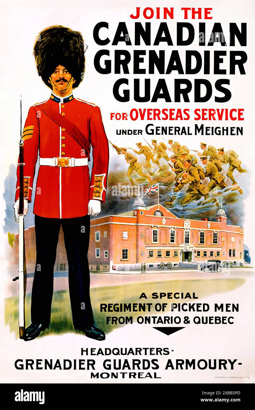 Unisciti alle guardie canadesi dei granatieri per il servizio d'oltremare c. 1914. - Poster patriottico prima guerra mondiale Foto Stock
