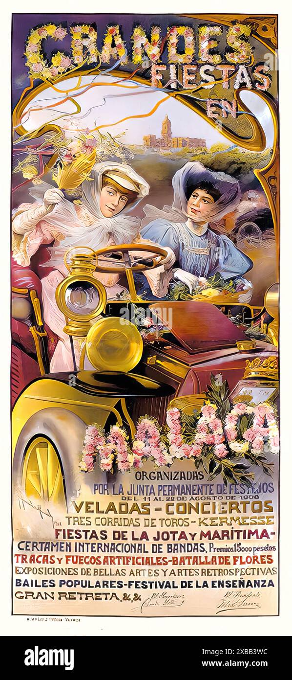 Grandes Fiestas en Málaga anni '1900 - poster spagnolo d'epoca; artista sconosciuto - solo per uso editoriale Foto Stock