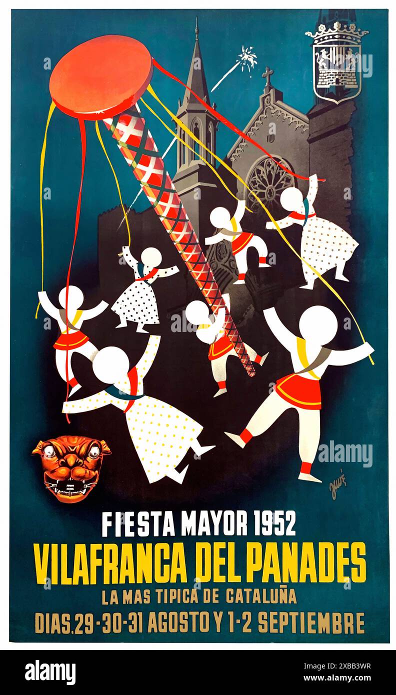 Fiesta Mayor Vilafranca del Panadès la más típica de Cataluña 1952. - Poster spagnolo d'epoca; artista sconosciuto - solo per uso editoriale Foto Stock