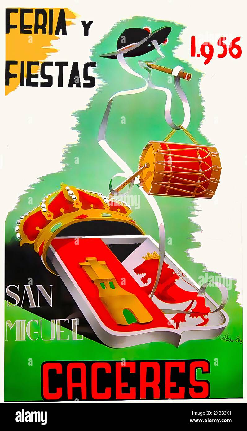 Feria y Fiestas de San Miguel Cáceres 1956 - poster spagnolo d'epoca; artista sconosciuto - solo per uso editoriale Foto Stock