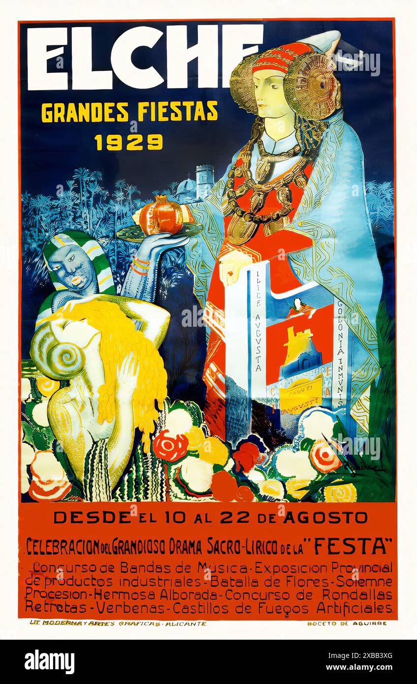 Elche Grandes Fiestas 1929 - poster spagnolo d'epoca; artista sconosciuto - solo per uso editoriale Foto Stock