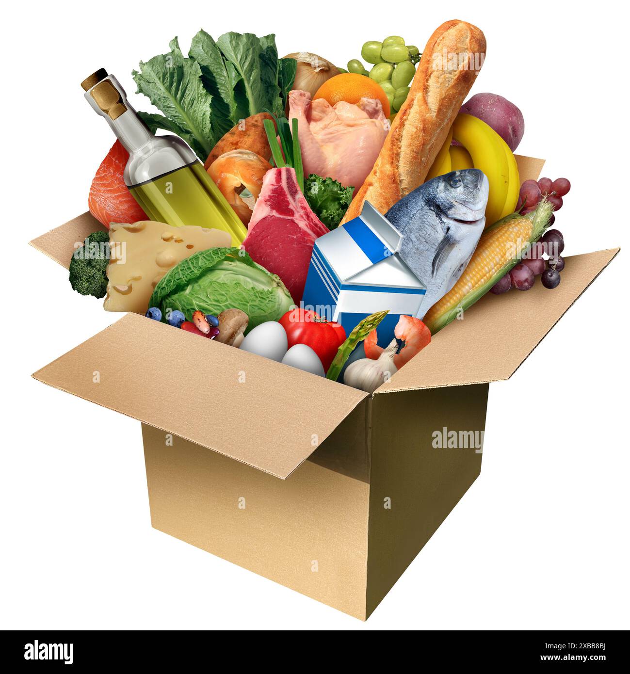 Box of Food AS Groceries and grocery delivery acquisti da un supermercato come simbolo di sicurezza alimentare e icona di economia domestica isolata Foto Stock