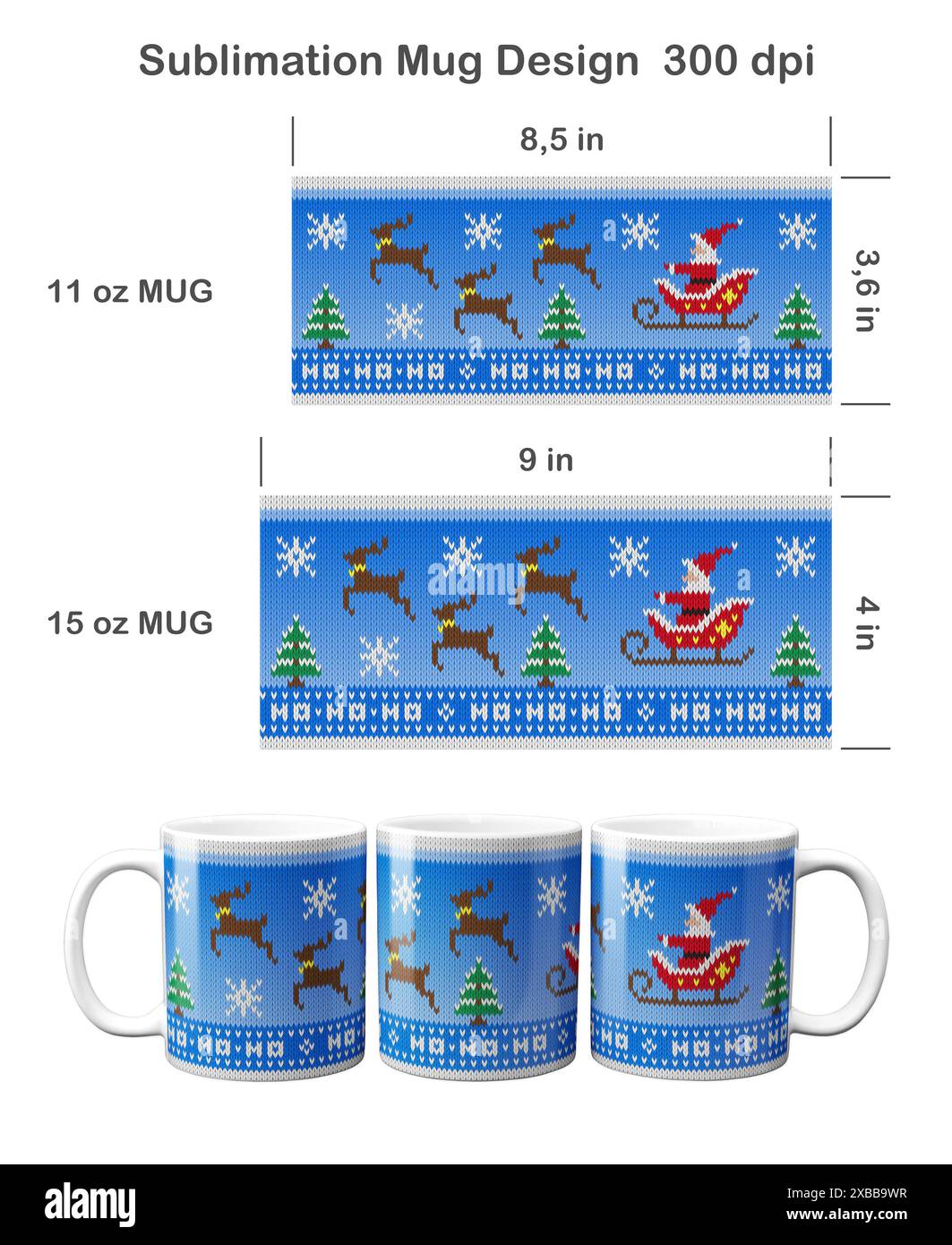Divertente schema natalizio a maglia. Modello di sublimazione per tazza da 360 ml e 1500 ml Illustrazione della sublimazione. Foto Stock