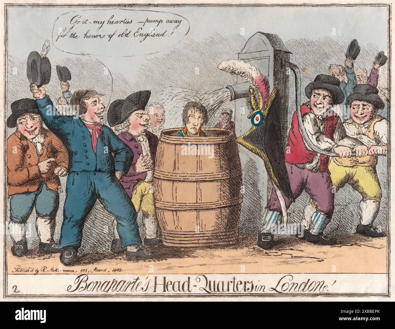 Una stampa umoristica a fumetti incisione colorata di Bonaparts Head Quarters dell'artista Unkown acquarello su carta caricature umane vecchia stampa antica dell'epoca georgiana pubblicata da Rudolph Ackermann 1803 XIX secolo Foto Stock