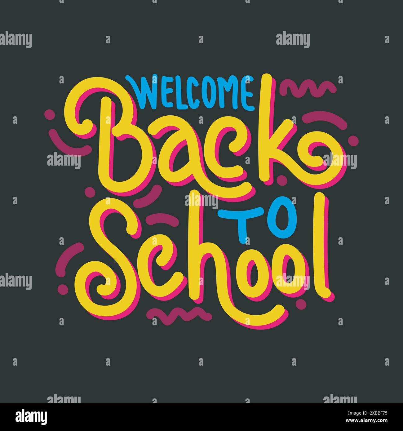 Bentornato a scuola tipografia disegnata a mano, illustrazione vettoriale. Biglietto d'auguri tipografico colorato per poster, banner, volantini, social Illustrazione Vettoriale