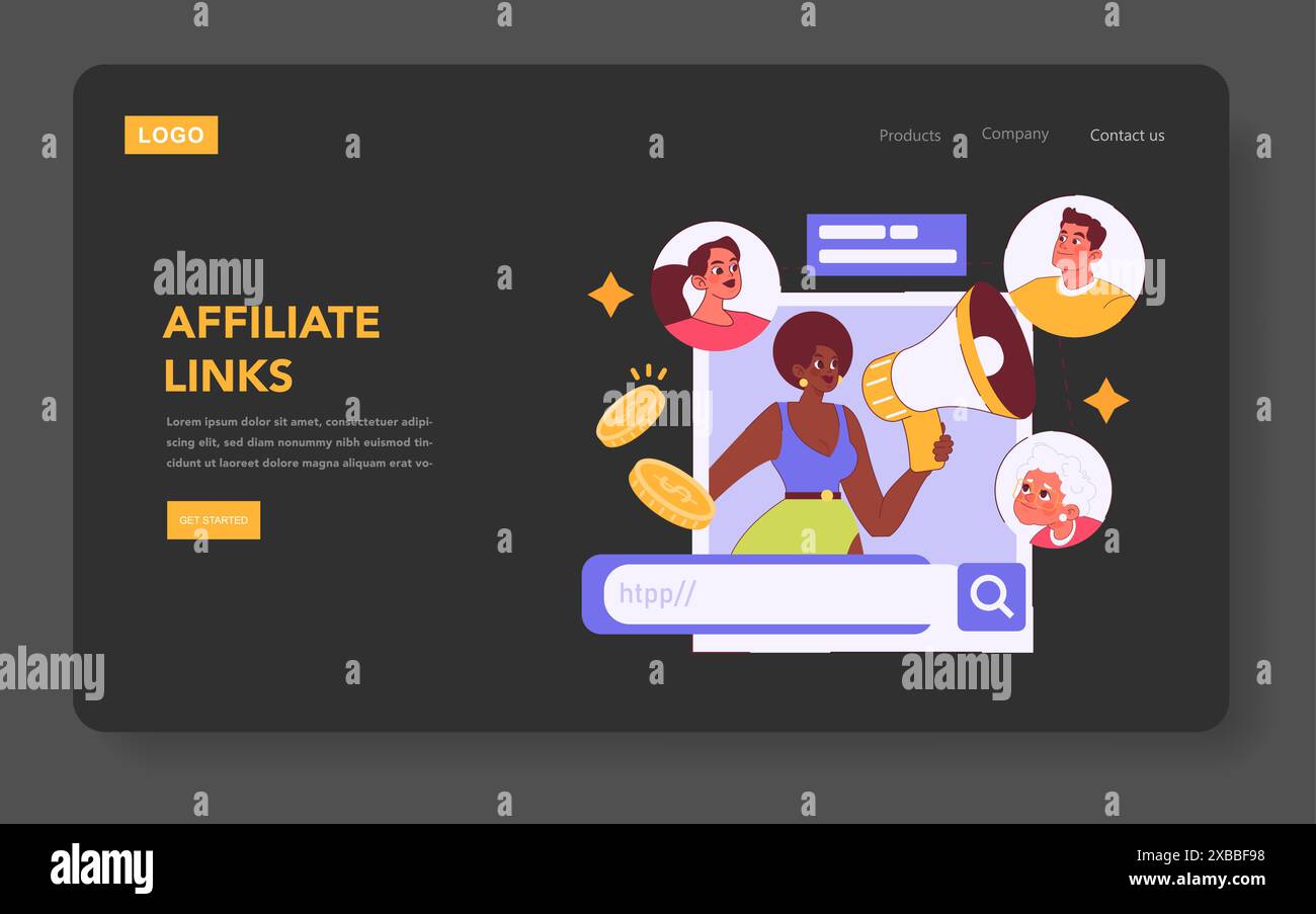 Concetto di Influencer Marketing. Gli influencer digitali promuovono i prodotti tramite link di affiliazione. Personaggi diversi, reddito online, strategie di marketing. Illustrazione vettoriale. Illustrazione Vettoriale