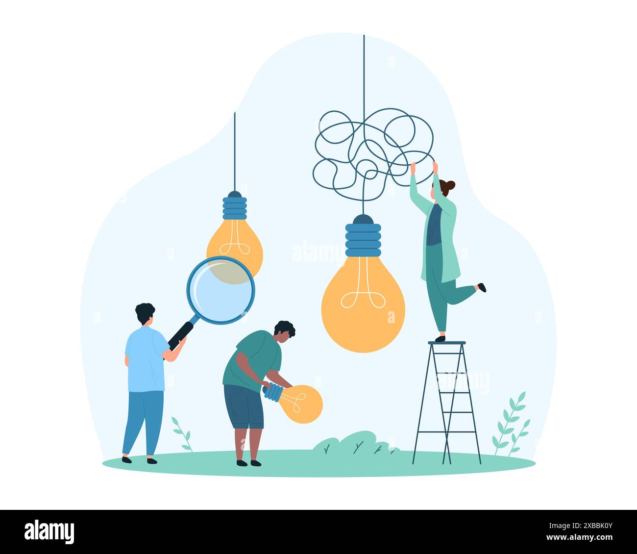Ricerca di idee creative, soluzione di semplificazione. Le persone più piccole srotolano nodi aggrovigliati e il caos del filo di una lampadina sospesa, guardano attraverso la lente d'ingrandimento l'illustrazione vettoriale del cartone animato giallo Illustrazione Vettoriale