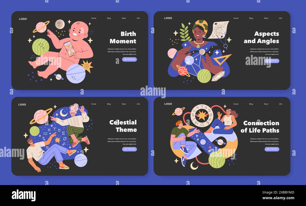 Set di banner Web per astrologia. Interpretazione delle carte di nascita, influenze cosmiche sugli individui e connessioni astrologiche. Illustrazione vettoriale. Illustrazione Vettoriale