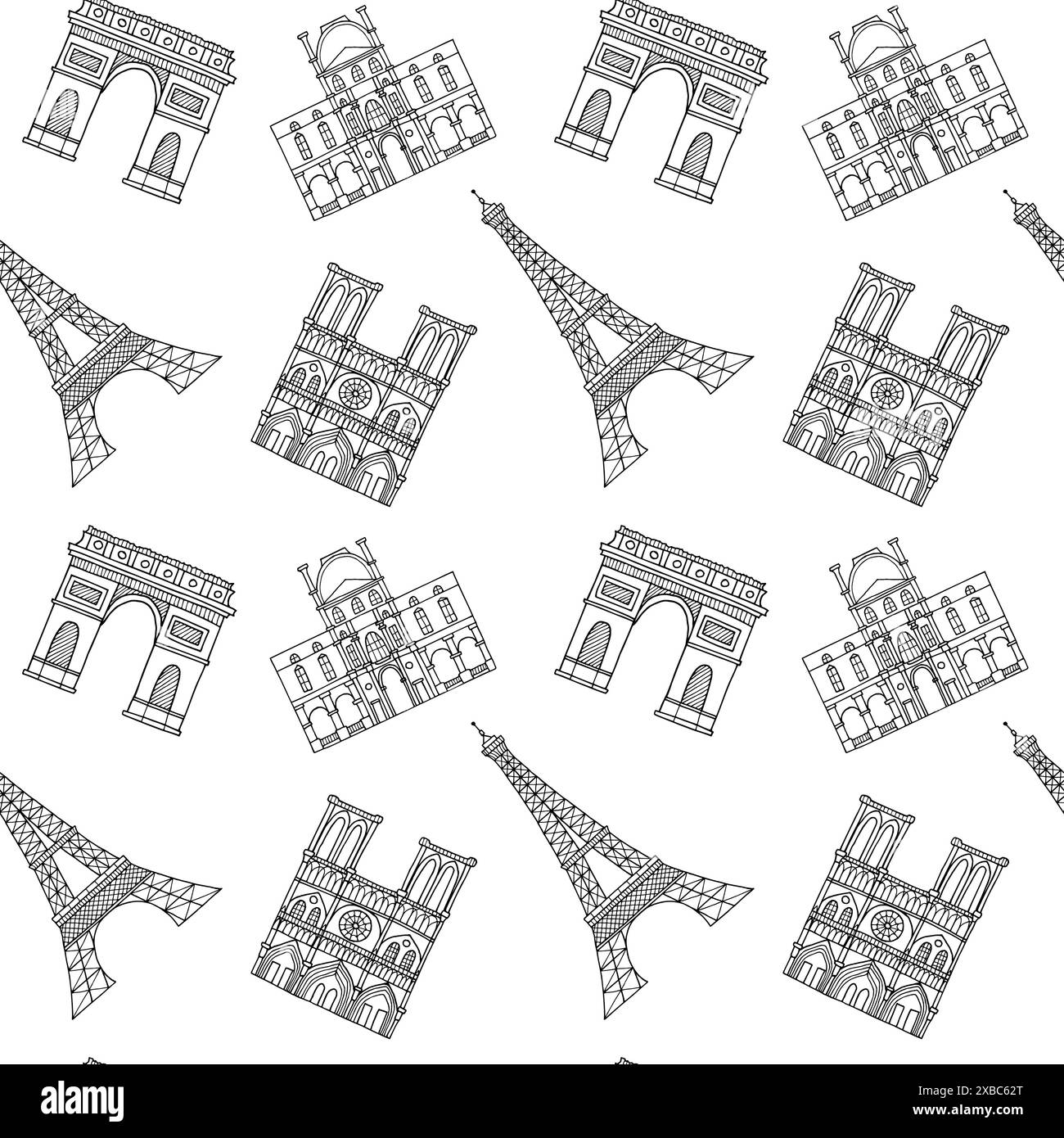 Architettura parigina senza cuciture, Torre Eiffel, Notre Dame, Arco di Trionfo in stile doodle. Disegnato a mano da inchiostri neri. Disegno per stampe, tessuti, Illustrazione Vettoriale