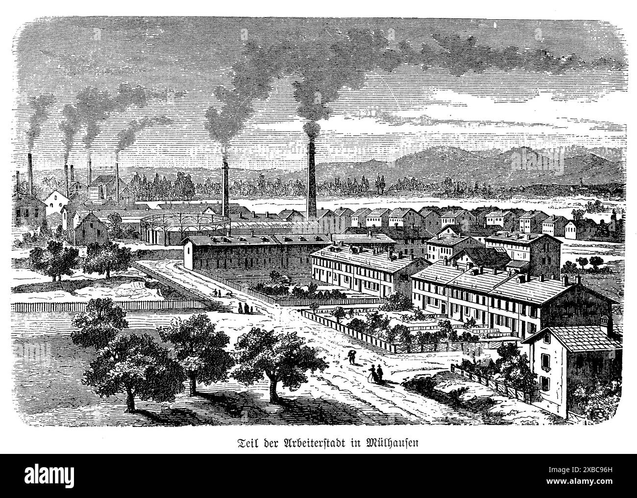 Questa suggestiva incisione in bianco e nero del XIX secolo raffigura la città industriale di Mühlhausen, catturando l'essenza della sua vivace era industriale. L'opera d'arte mostra un paesaggio dominato da fabbriche, smokestacks e lavoratori, incarnando lo spirito di industrializzazione. I dettagli intricati evidenziano l'architettura delle fabbriche, i macchinari e la vita quotidiana della classe operaia. Questo pezzo offre uno sguardo toccante sul periodo trasformativo della Rivoluzione industriale, riflettendo il ruolo fondamentale di Mühlhausen in questa era di rapido cambiamento tecnologico ed economico Foto Stock