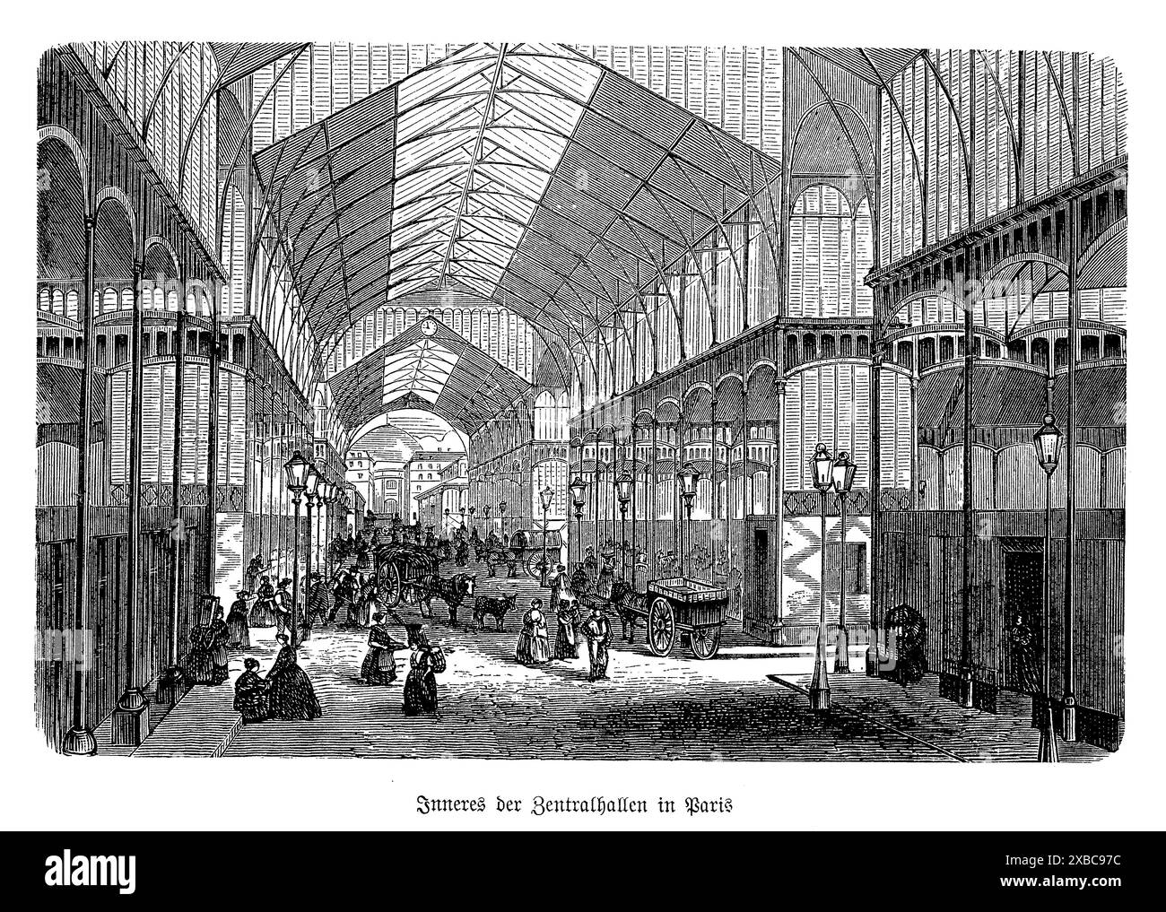 Questa accattivante incisione in bianco e nero del XIX secolo ritrae Les Halles Baltard a Parigi, il famoso mercato centrale progettato dall'architetto Victor Baltard. L'opera d'arte raffigura in modo intricato lo splendore architettonico dei padiglioni in ferro e vetro, mostrando il loro design elegante ma funzionale. Animata da venditori e acquirenti, la scena cattura vibrantemente l'essenza della vita del mercato parigino. L'artigianato dettagliato dell'incisione mette in risalto l'innovativa miscela di elementi tradizionali e moderni, che riflette la dinamica cultura urbana e i progressi architettonici della Parigi del XIX secolo Foto Stock