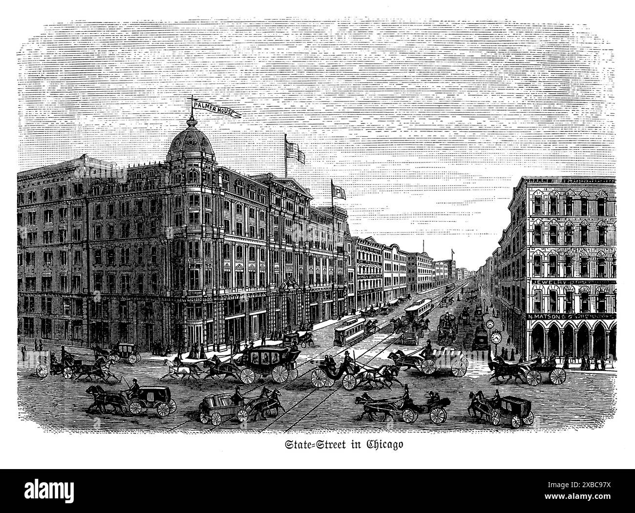 Questa dinamica incisione in bianco e nero del XIX secolo mostra State Street a Chicago, catturando la vivace energia e l'evoluzione architettonica del periodo. L'opera raffigura un vivace paesaggio costeggiato da imponenti edifici commerciali, eleganti vetrine e una miriade di pedoni e carrozze trainate da cavalli. I dettagli intricati evidenziano l'eclettico mix di stili architettonici, dal neoclassico ai primi grattacieli, che riflettono la rapida crescita e modernizzazione di Chicago. Questa incisione offre un affascinante scorcio sullo sviluppo urbano e l'atmosfera vivace dello State StRe Foto Stock