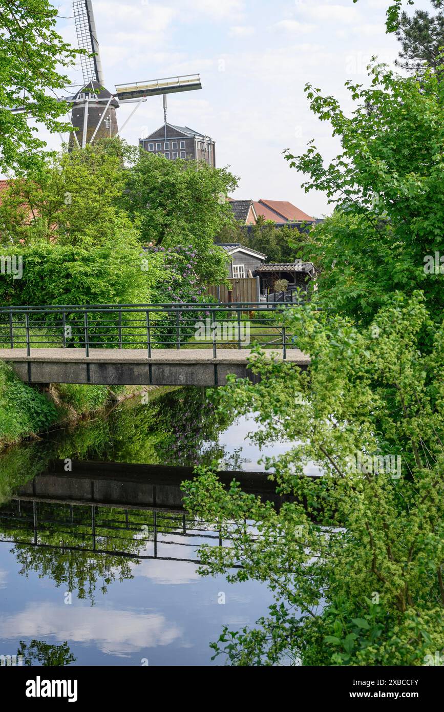 Un ponte su un fiume tranquillo, circondato da alberi e un mulino a vento sullo sfondo in una scena rurale, Bredevoort, gelderlande, paesi bassi Foto Stock