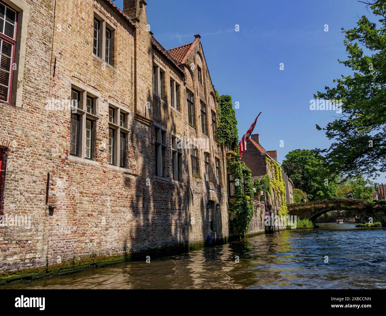 Splendido paesaggio dei canali con edifici in mattoni, riflessi nell'acqua e vegetazione lussureggiante, Bruges, Fiandre, Belgio Foto Stock