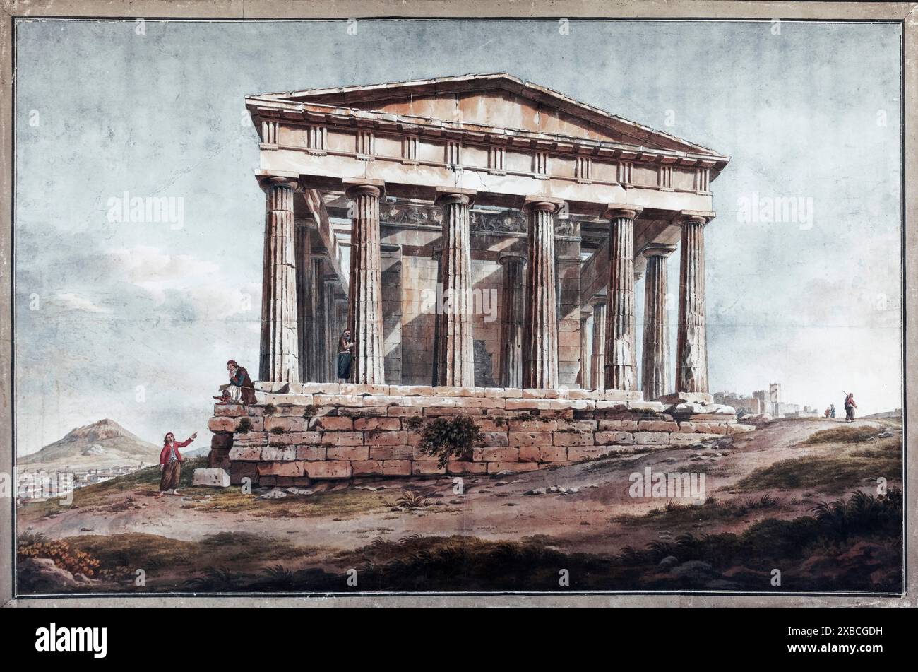 Vista storica del Tempio di Efesto, incisioni colorate del XIX secolo, Museo dell'Agorà nella Stoa di Attalo, Atene, Grecia Foto Stock