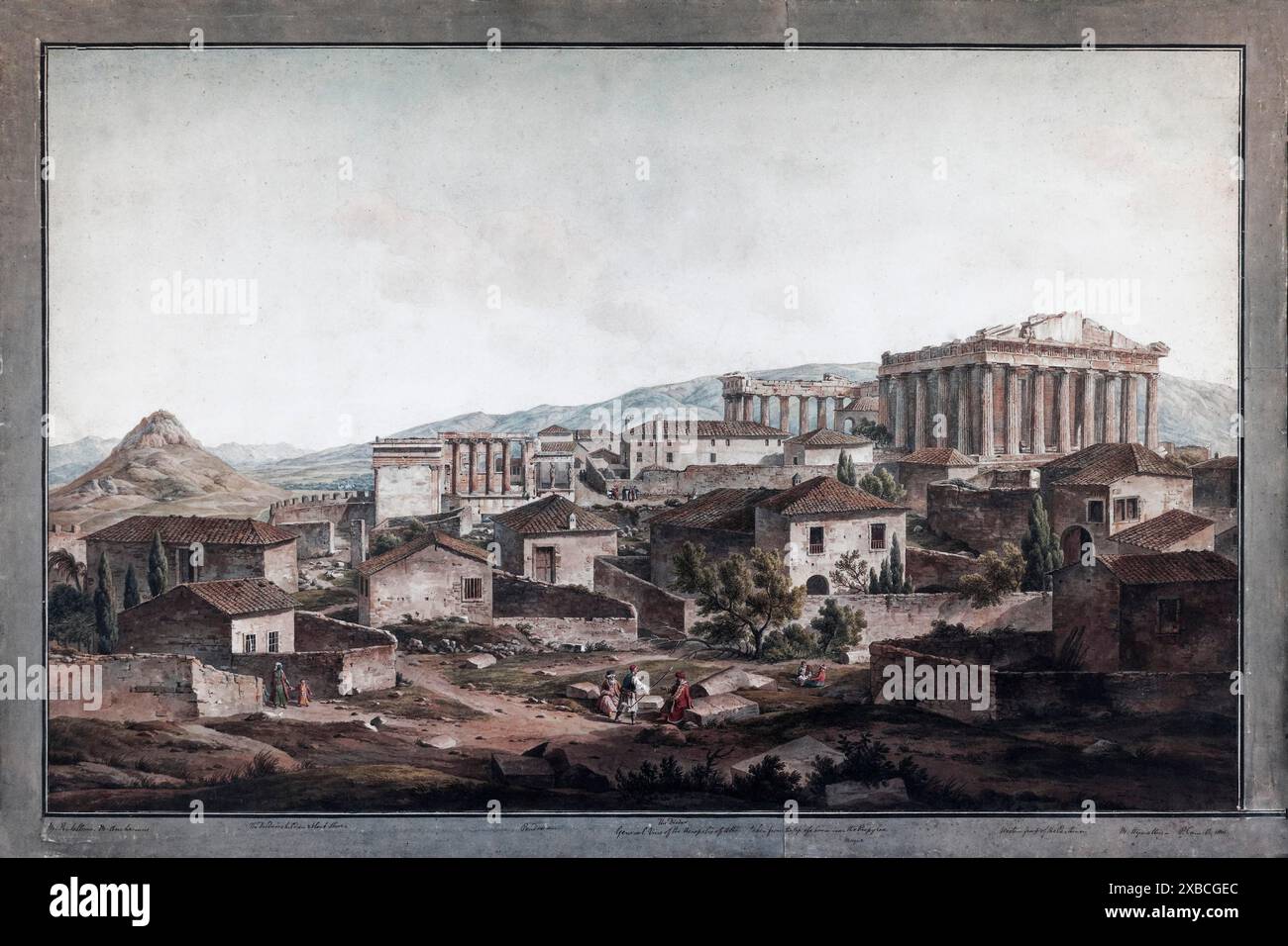Vista storica dell'Acropoli, costruita con case, incisioni colorate dal 1905, Museo dell'Agorà nella Stoa di Attalo, Atene, Grecia Foto Stock