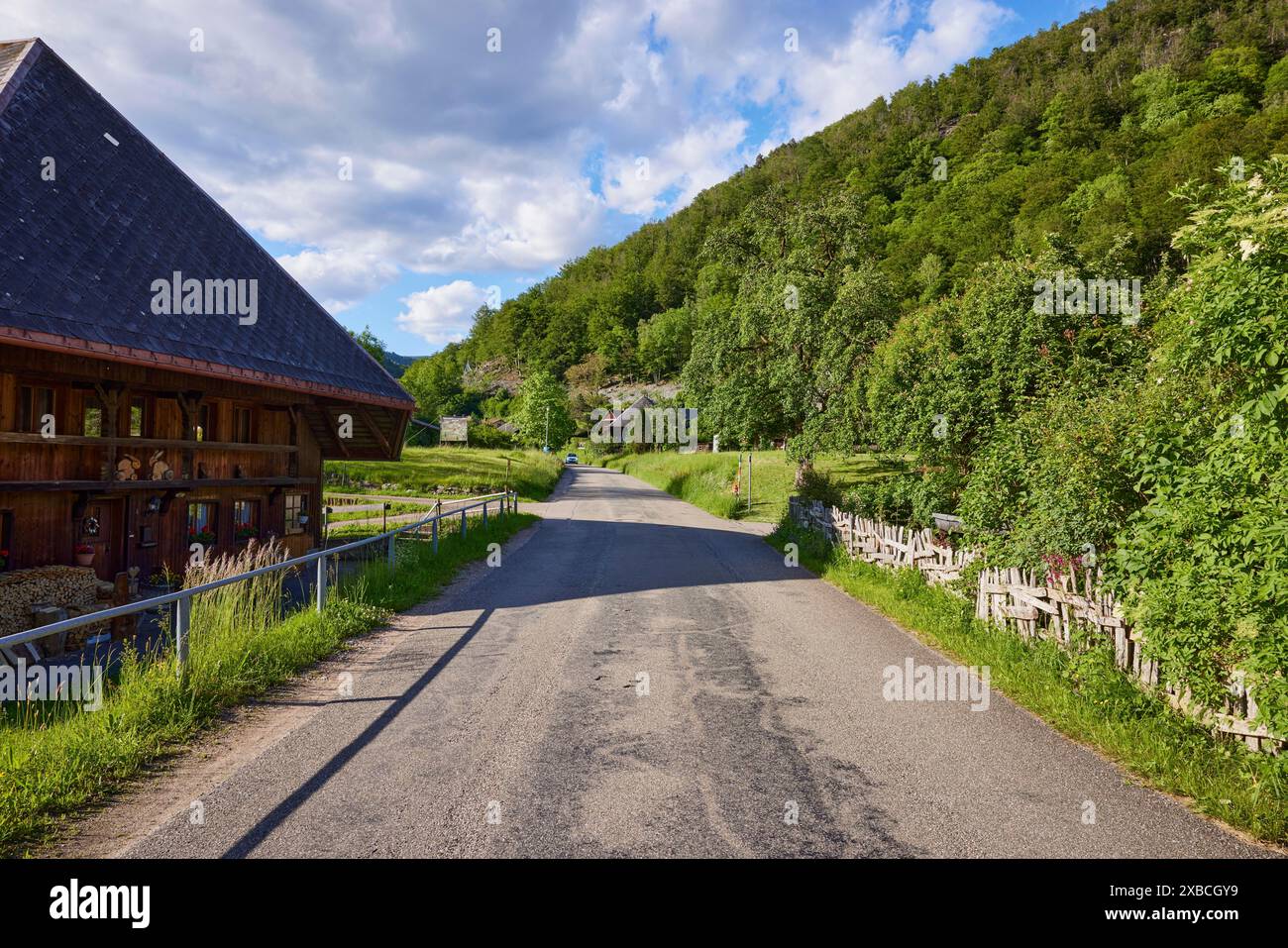 Strada di accesso con la casa della Foresta Nera e vecchia recinzione in legno per il quartiere storico di Geschwend, Todtnau, Foresta Nera, quartiere di Loerrach Foto Stock